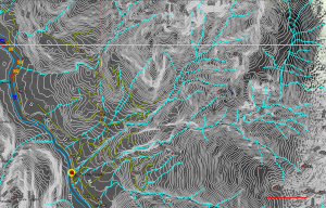 Map showing imported  KML, overlaid on WMS data, overlaid on satellite tile data.